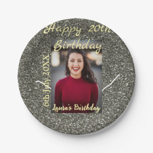 Silverglitter photo 20th birthday add name date paper plates
