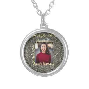 Silverglitter photo 20th birthday add name date silver plated necklace