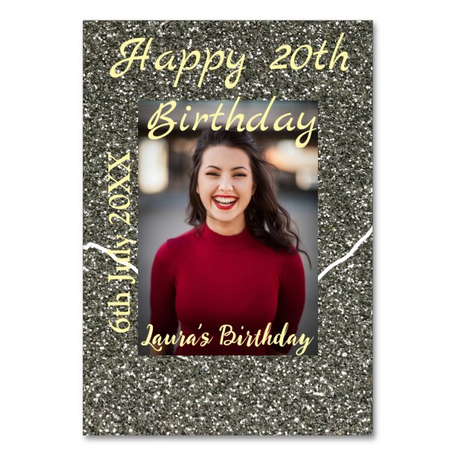Silverglitter photo 20th birthday add name date table number (Front)
