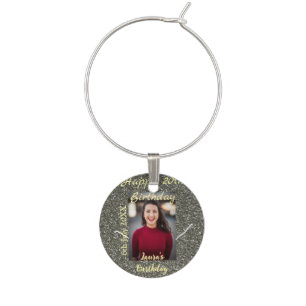 Silverglitter photo 20th birthday add name date wine charm