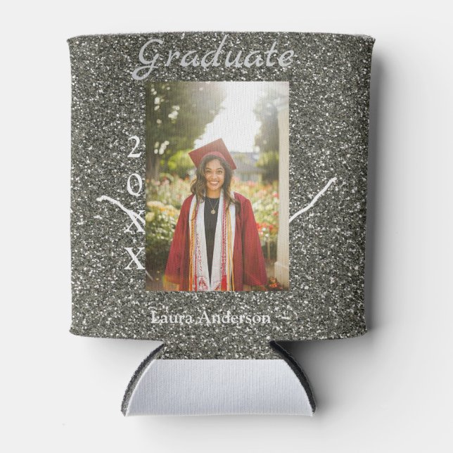 Silverglitter photo graduation add name class text can cooler (Front)
