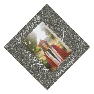 Silverglitter photo graduation add name class text cap topper