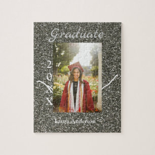 Silverglitter photo graduation add name class text jigsaw puzzle