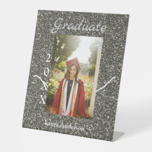Silverglitter photo graduation add name class text pedestal sign
