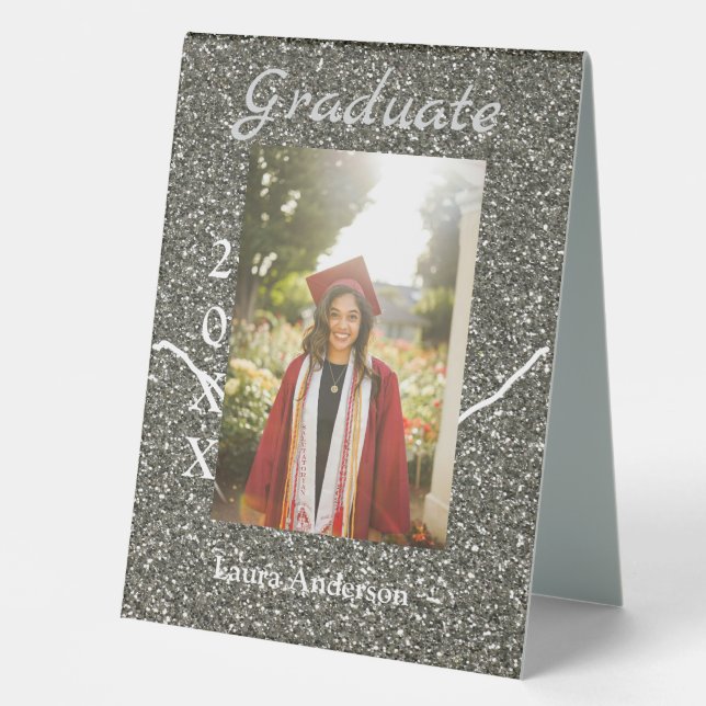 Silverglitter photo graduation add name class text table tent (Front)