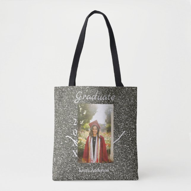 Silverglitter photo graduation add name class text tote bag (Front)