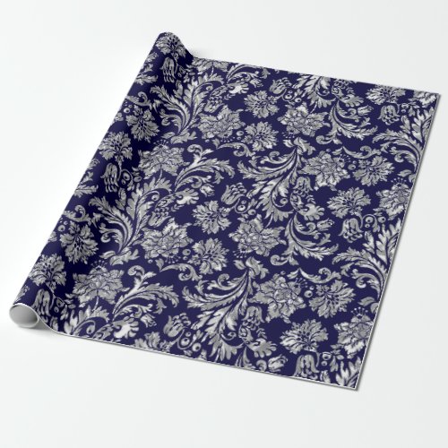 Silvers  Midnight Blue Damasks Wrapping Paper