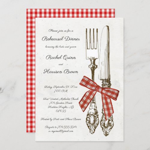 Silverware and Red Checkered Rehearsal Dinner Invitation