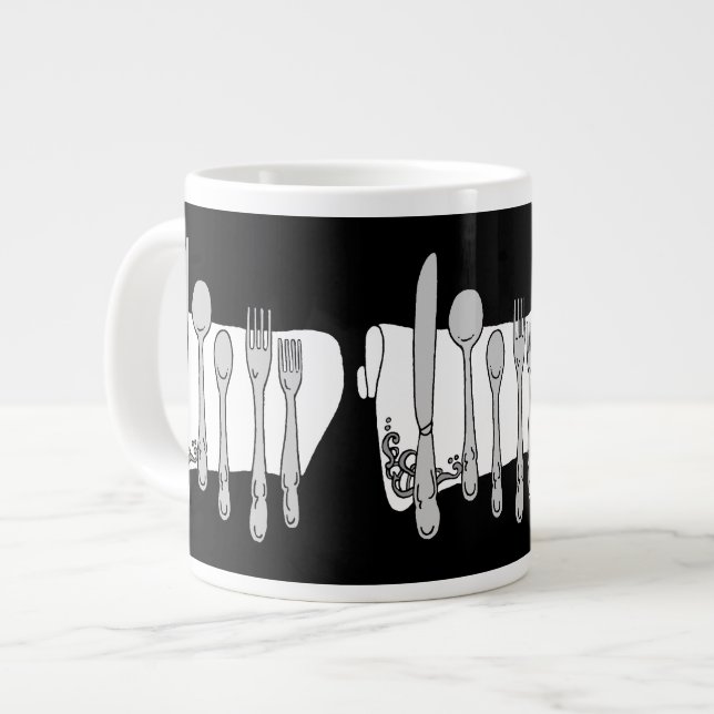 Silverware Black White Design Giant Coffee Mug (Front Left)