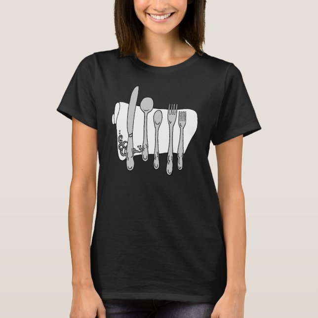 Silverware in Black and White Cooking Design T-Shirt (Front)