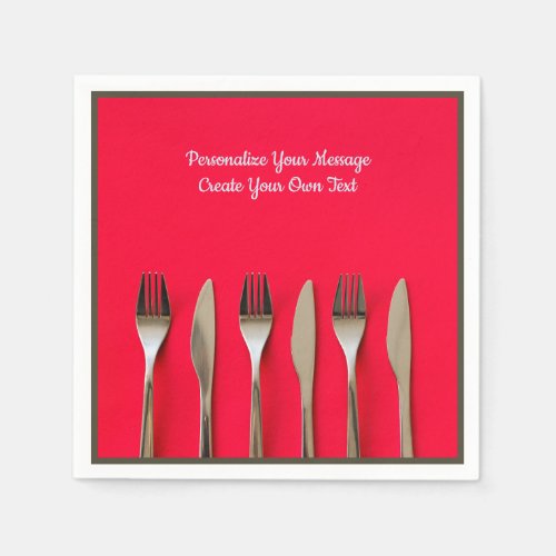 Silverware Utensils Knife Fork on Red Personalize Napkins