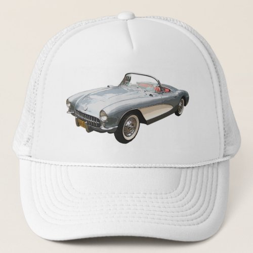 Silvery blue 1959 Corvette  on white cap. Trucker Hat