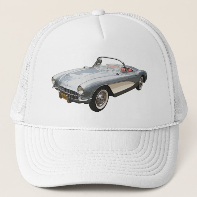Silvery blue 1959 Corvette  on white cap. Trucker Hat (Front)