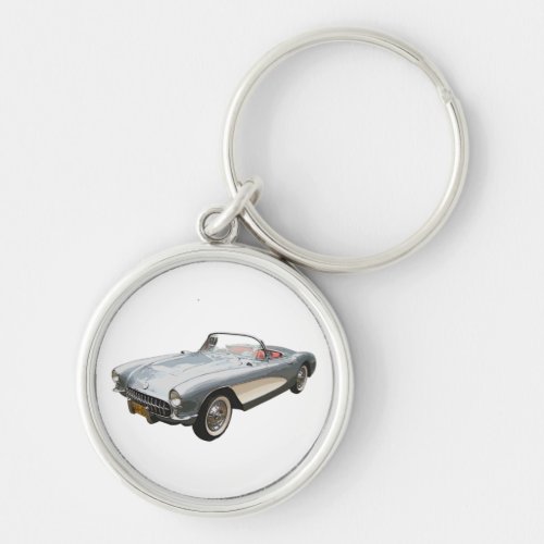 Silvery blue 1959 Corvette on white key chain. Keychain