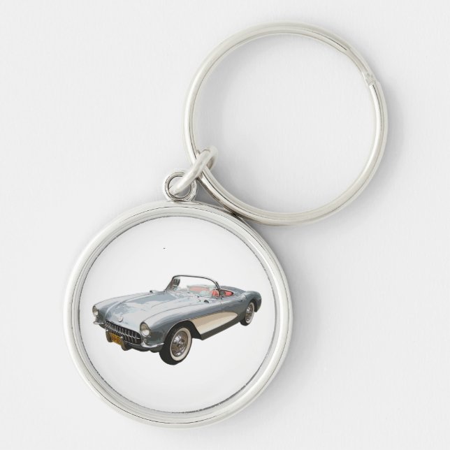 Silvery blue 1959 Corvette on white key chain. Keychain (Front)