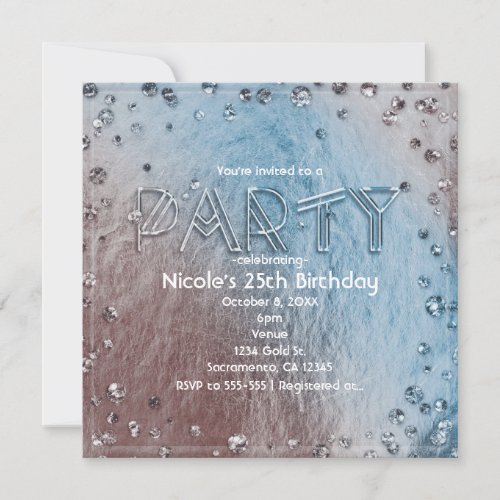 Silvery Blue Faux Foil Bling Birthday Party Invitation