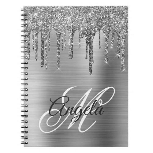 Silvery Brushed Foil Glitter Drip Fancy Monogram Notebook