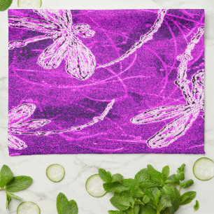 Silvery Dragonflies on a Magic Magenta Sky Kitchen Towel