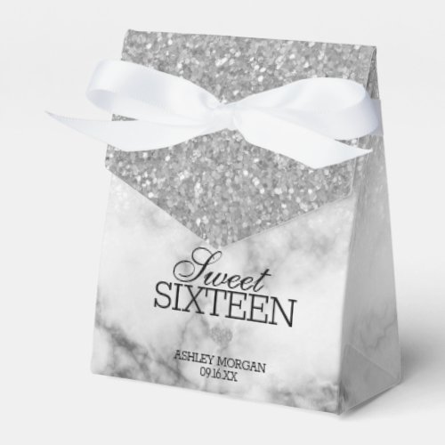 Silvery Faux GlitterMarble Sweet 16 Favor Boxes
