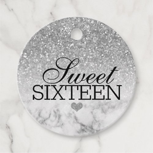 Silvery Faux GlitterMarble Sweet 16 Favor Tags