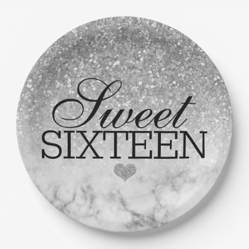 Silvery Faux GlitterMarble Sweet 16 Paper Plates