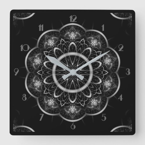 Silvery Filigree Mandala Square Wall Clock