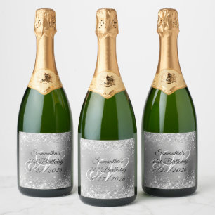 Silvery Glitter Glam Monogram 21st Birthday Sparkling Wine Label