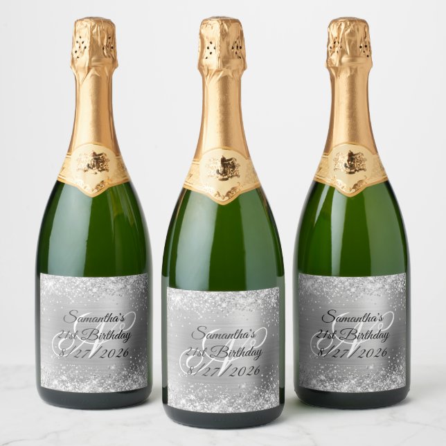 Silvery Glitter Glam Monogram 21st Birthday Sparkling Wine Label (Bottles)