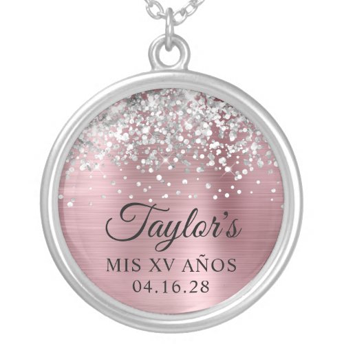Silvery Glitter Light Pink Foil Mis XV Aos Silver Plated Necklace