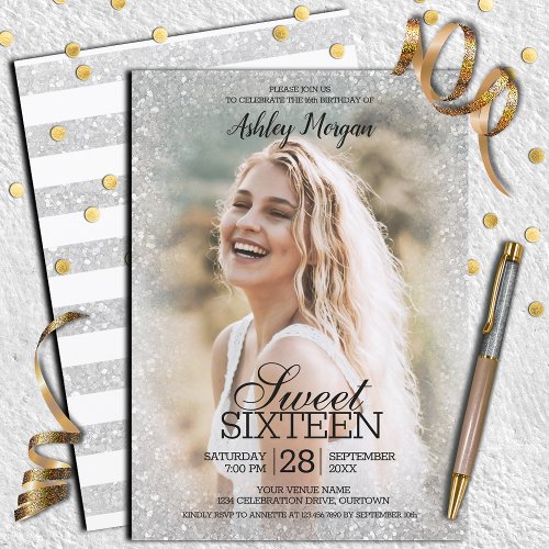 Silvery Glitter Photo Template Sweet 16 Party