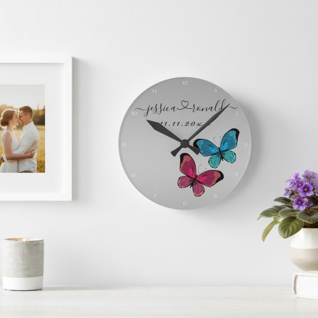 Silvery Gray Names Date Wedding Gift Personalized Round Clock (Personalized wall clock with newlywed's names and wedding date. Plus a lovely butterflies bonus!)