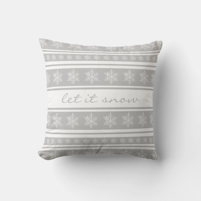 Silvery Gray Striped Snowflake Let it Snow Pillow (Front)
