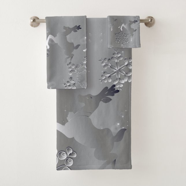 Silvery  Holiday Reindeer Snowflakes Bath Towel Set (Insitu)