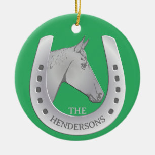 Silvery Horse and Horseshoe Emblem Red  Ceramic Ornament