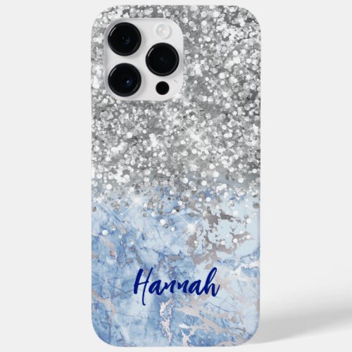 Silvery Light Blue Marble Glitter Glam Name Case_Mate iPhone 14 Pro Max Case