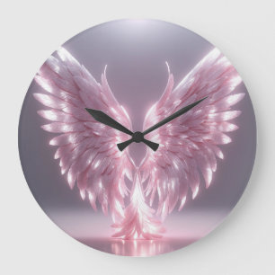 silvery light pink angel wing symbol large clock