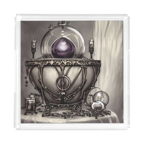 Silvery Ornate Cauldron with Purple Crystal Ball Acrylic Tray
