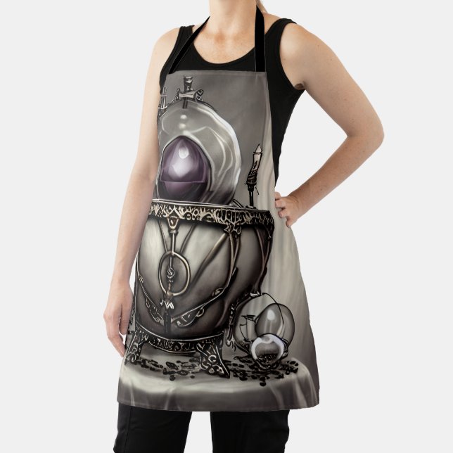 Silvery Ornate Cauldron with Purple Crystal Ball Apron (Insitu)