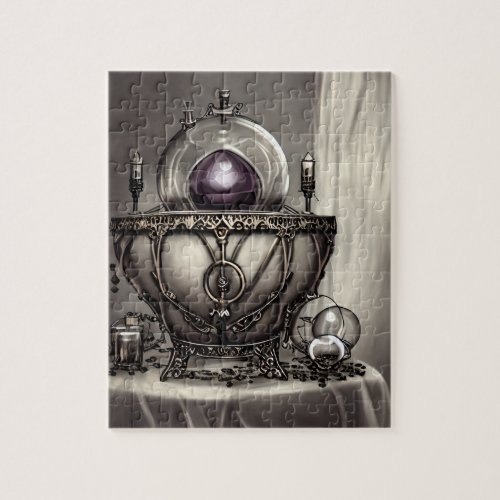 Silvery Ornate Cauldron with Purple Crystal Ball Jigsaw Puzzle