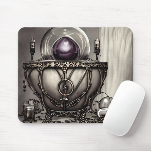 Silvery Ornate Cauldron with Purple Crystal Ball Mouse Pad