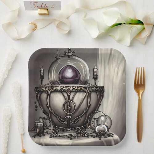Silvery Ornate Cauldron with Purple Crystal Ball Paper Plates