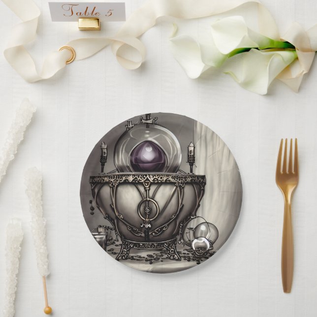 Silvery Ornate Cauldron with Purple Crystal Ball Paper Plates (Wedding)