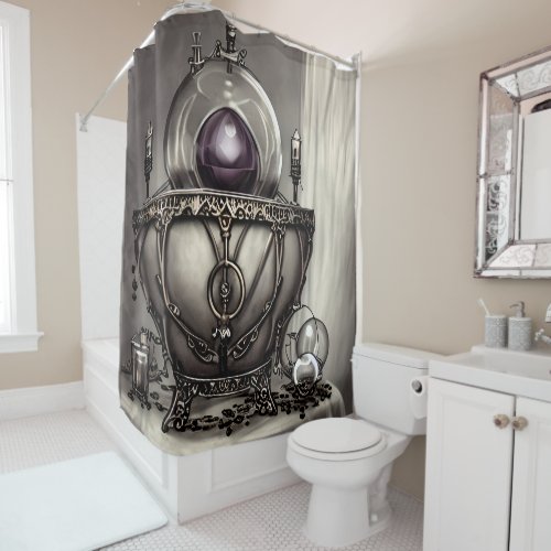 Silvery Ornate Cauldron with Purple Crystal Ball Shower Curtain
