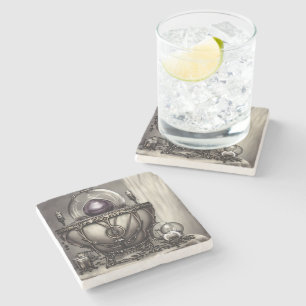 Silvery Ornate Cauldron with Purple Crystal Ball Stone Coaster