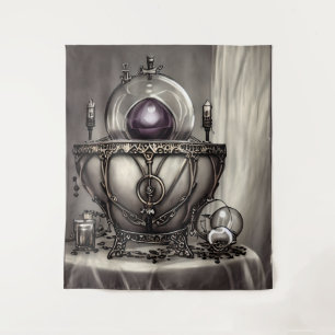 Silvery Ornate Cauldron with Purple Crystal Ball Tapestry