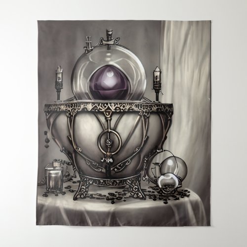 Silvery Ornate Cauldron with Purple Crystal Ball Tapestry