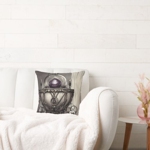 Silvery Ornate Cauldron with Purple Crystal Ball Throw Pillow