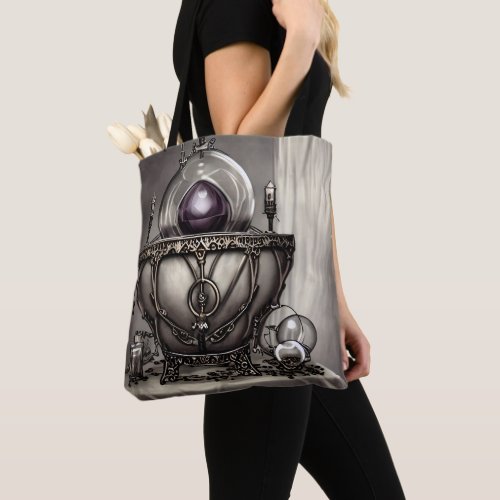 Silvery Ornate Cauldron with Purple Crystal Ball Tote Bag