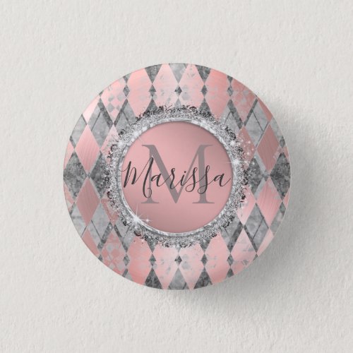 Silvery Pink Glittery Harlequin Monogram   Button