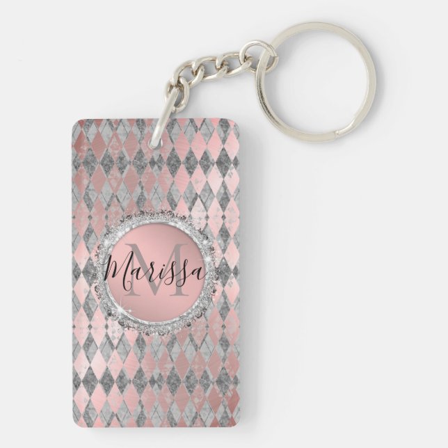 Silvery Pink Glittery Harlequin Monogram   Keychain (Back)
